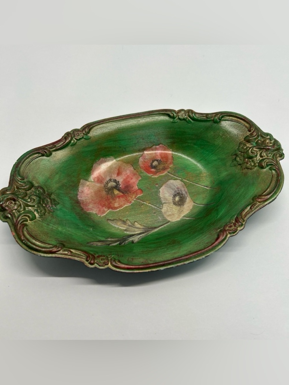 Green Metal Trinket Dish With Poppies Raised Painted Design